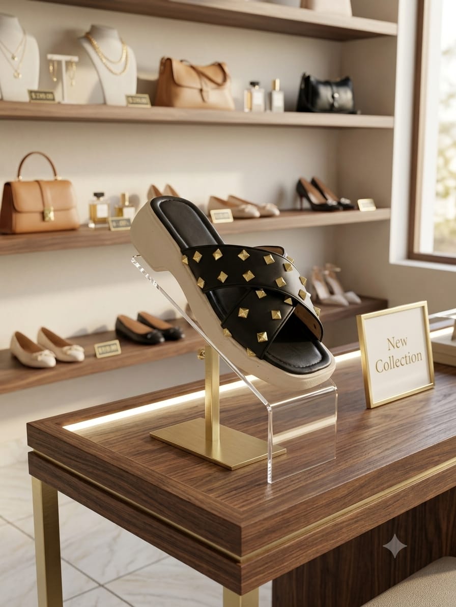 [DRAFT — set price] Aura Black Gold-Stud Cross Slide