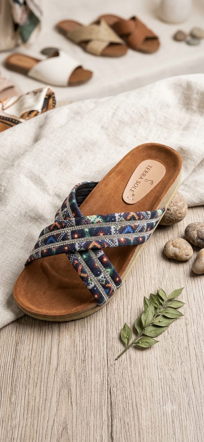 [DRAFT — set price] Terra Sole Aztec Cross-Strap Slide (Navy)