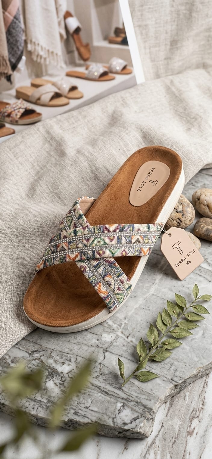 [DRAFT — set price] Terra Sole Aztec Cross-Strap Slide (Ivory)