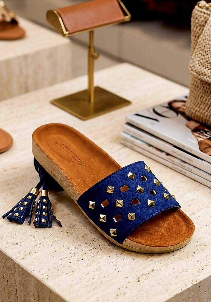 [DRAFT — set price] Alexandria Navy Suede Studded Slide