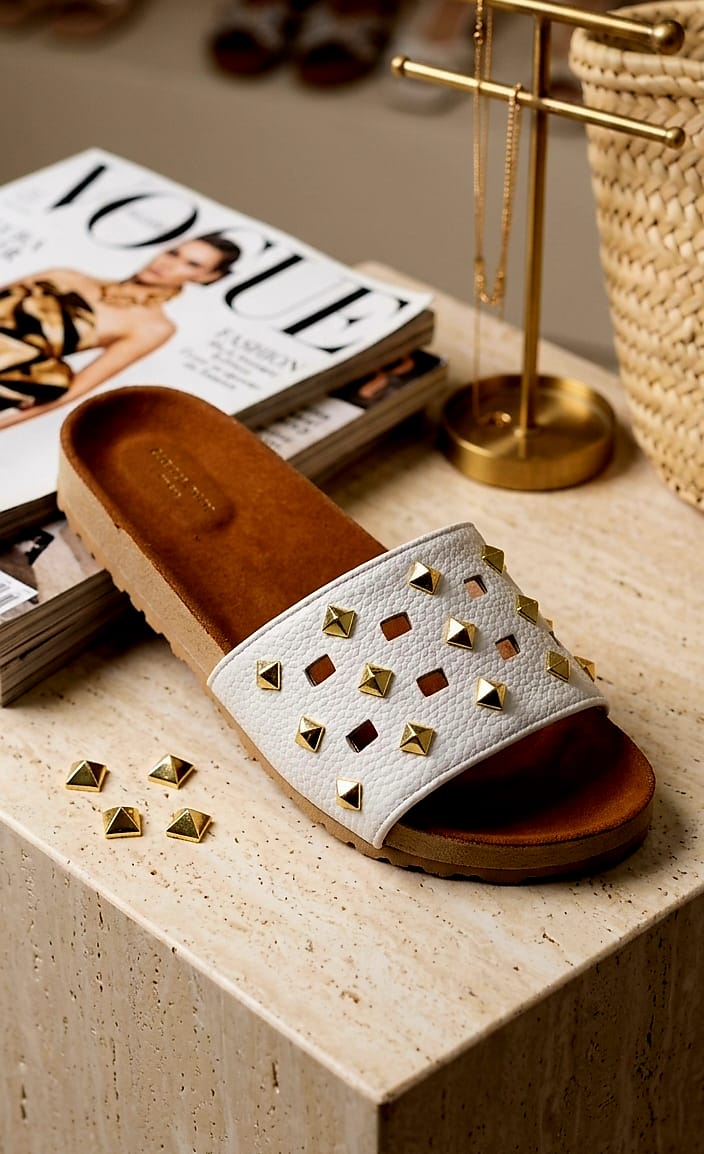 [DRAFT — set price] Ivory Leather Studded Slide