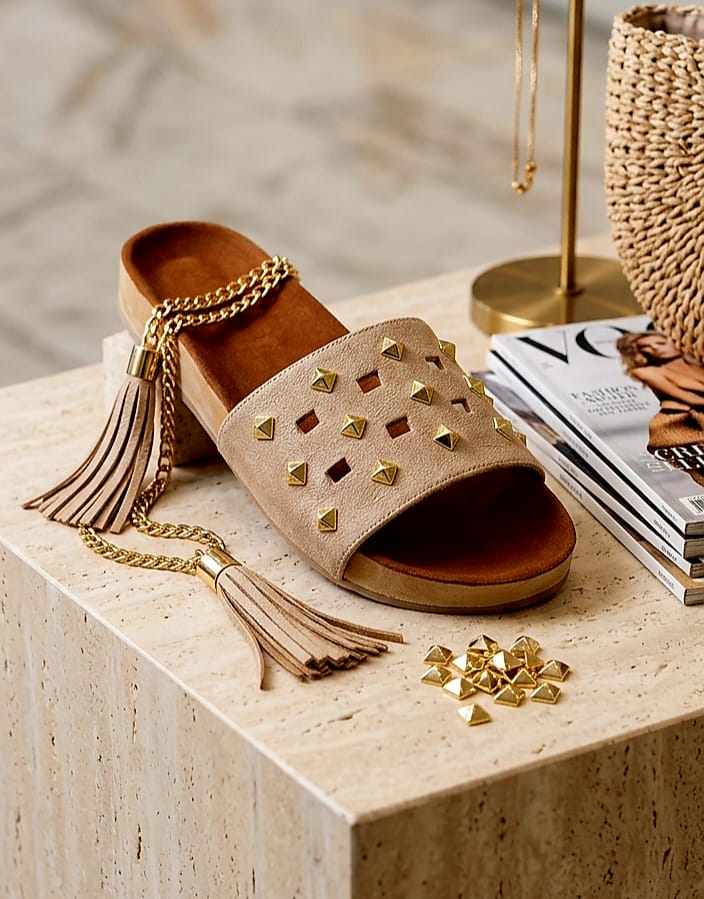 [DRAFT — set price] Beige Suede Studded Chain Slide