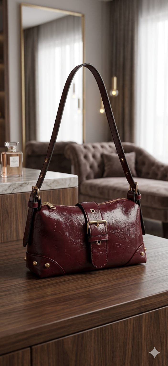 Vintage Stud Shoulder Bag (Burgundy)