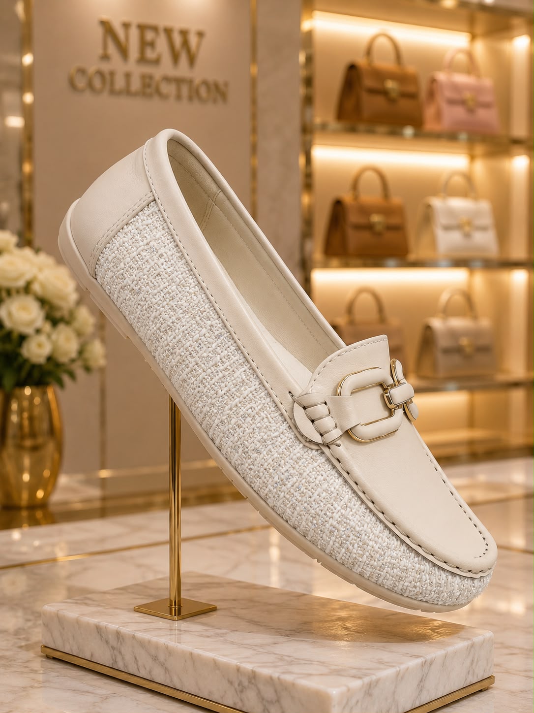 Tweed Buckle Loafer (Cream)