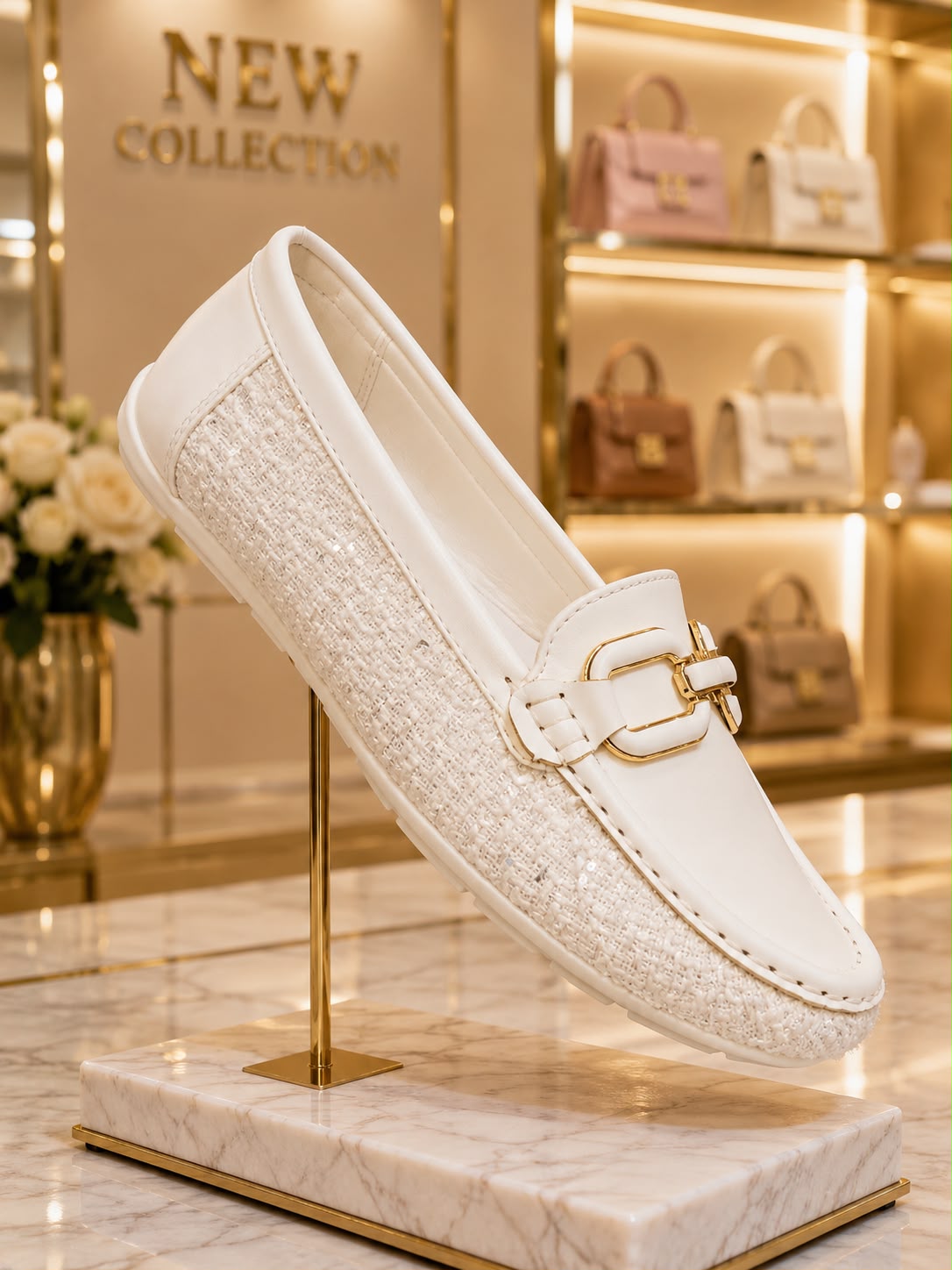 Tweed Buckle Loafer (White)