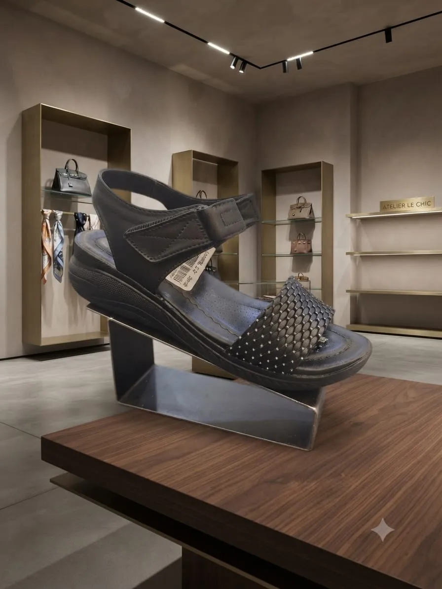 Studded Mesh Wedge Sandal (Black)
